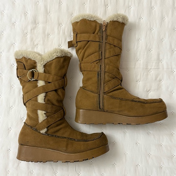No Boundaries Shoes - Vintage 90s No Boundaries Platform Boots Size 7 Fur Trimmed Strappy Fall Rare